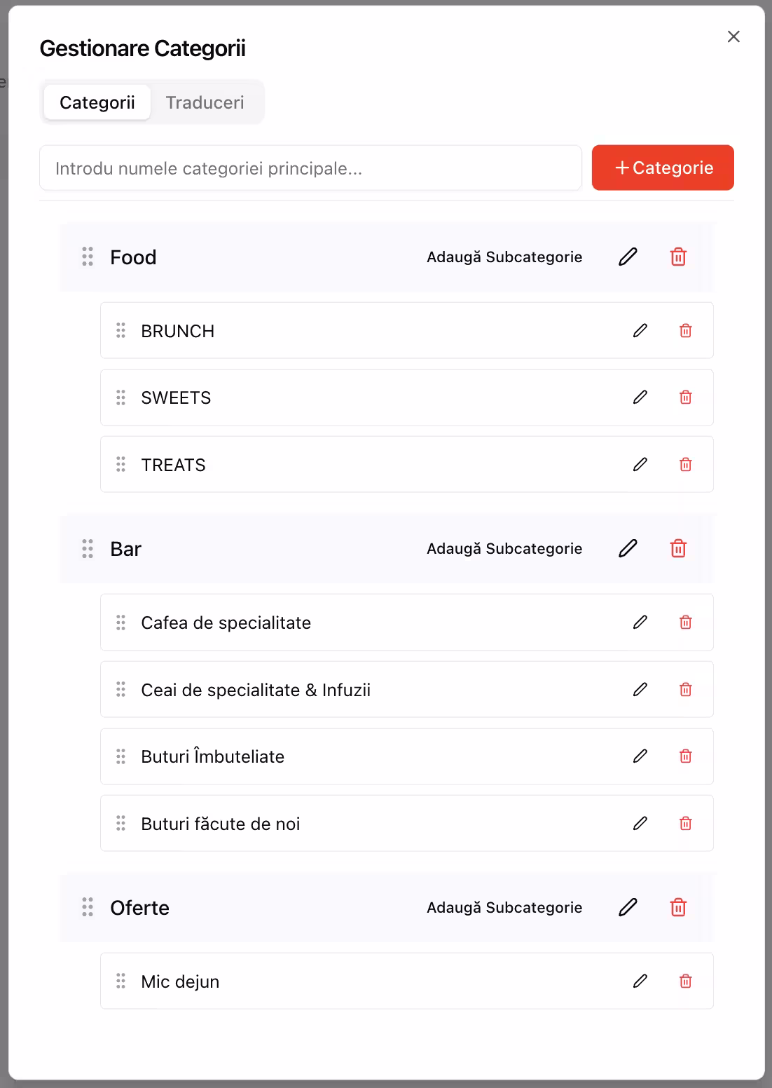 Organizare categorii meniu digital