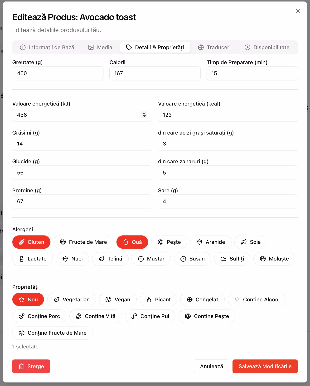 Detalii și proprietăți meniu digital