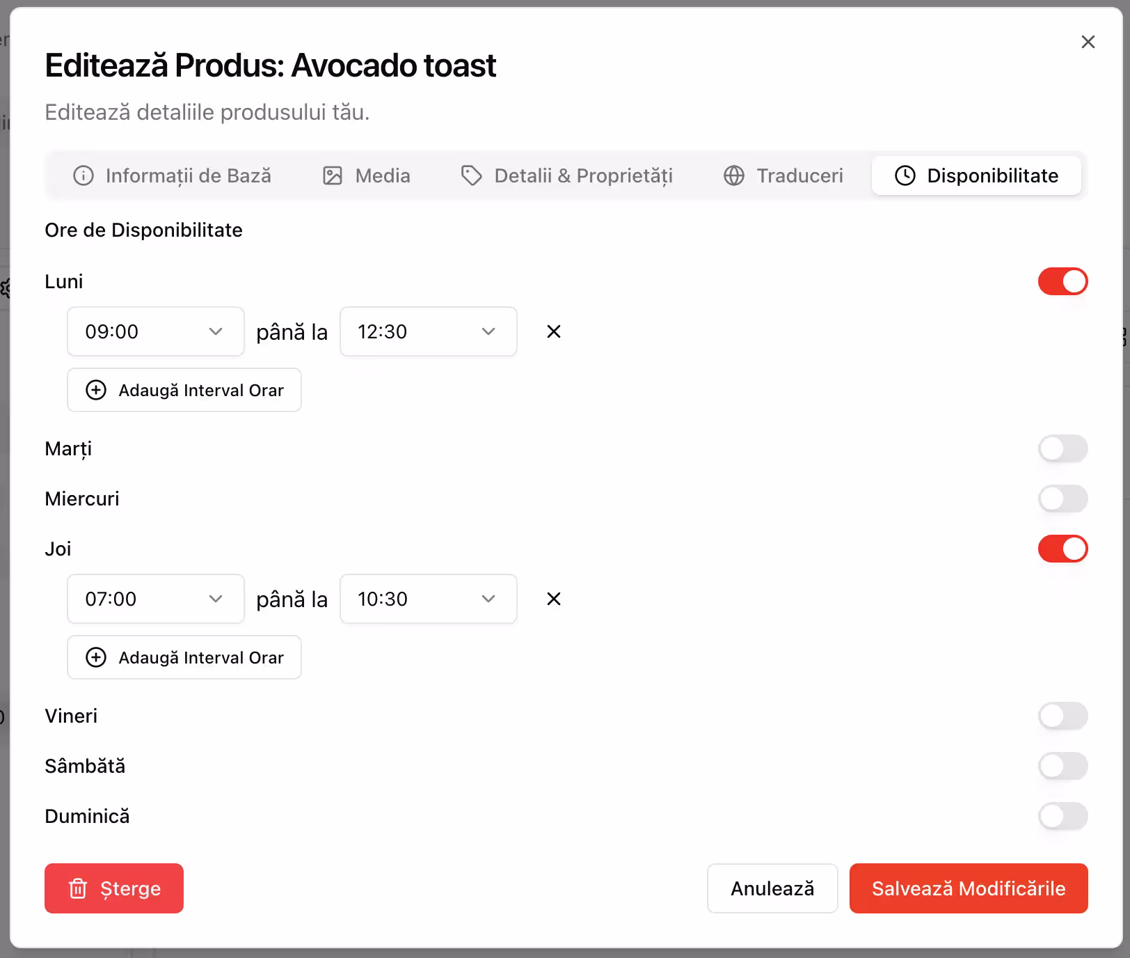 Setare disponibilitate meniu digital